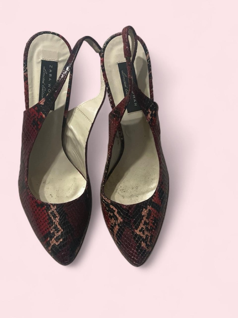Zara Burgundy Snake-Print Slingback Heels